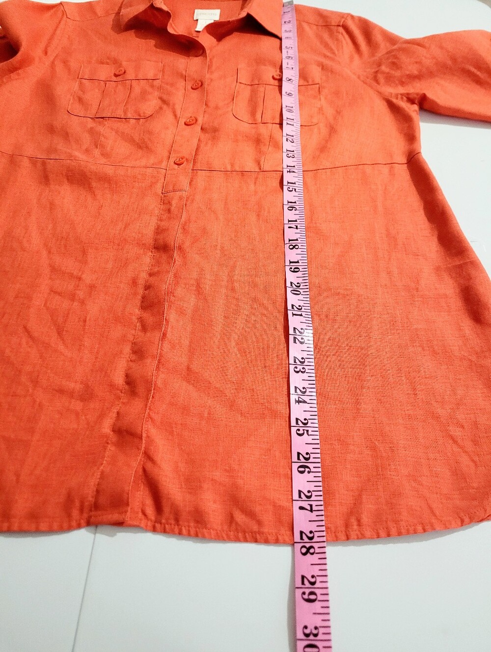 Chico's 100% Linen Tunic Shirt Petite Size 8/10 Orange Button Front Roll Tab Top - Picture 9 of 11